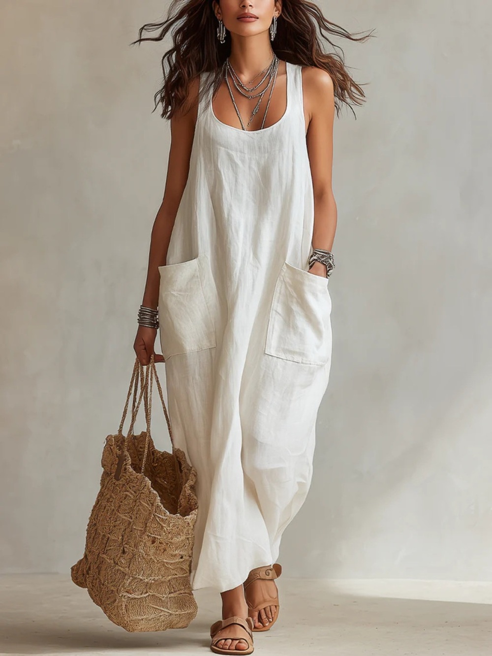 Scoop Neck Sleeveless Maxi Dress with Pockets